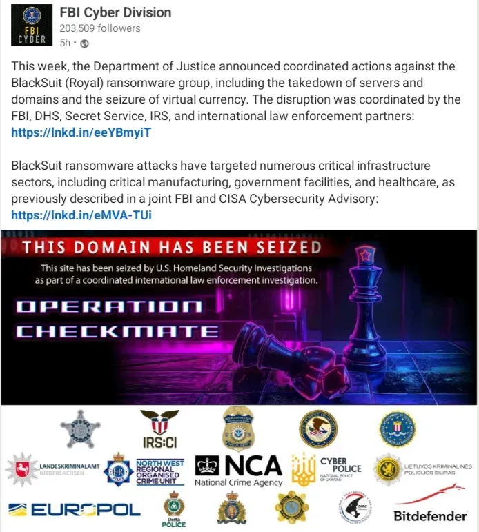 Operation Checkmate: International Law Enforcement Dismantles BlackSuit Ransomware Empire